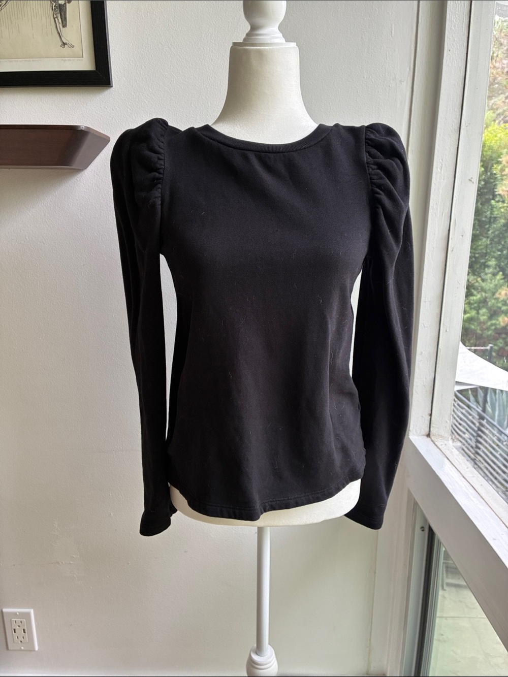 Velvet Black Long-Sleeve Puff Shoulder Sweatshirt